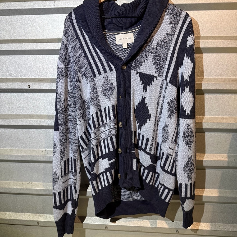 Sun + Stone Navy and Gray Geometric Cardigan